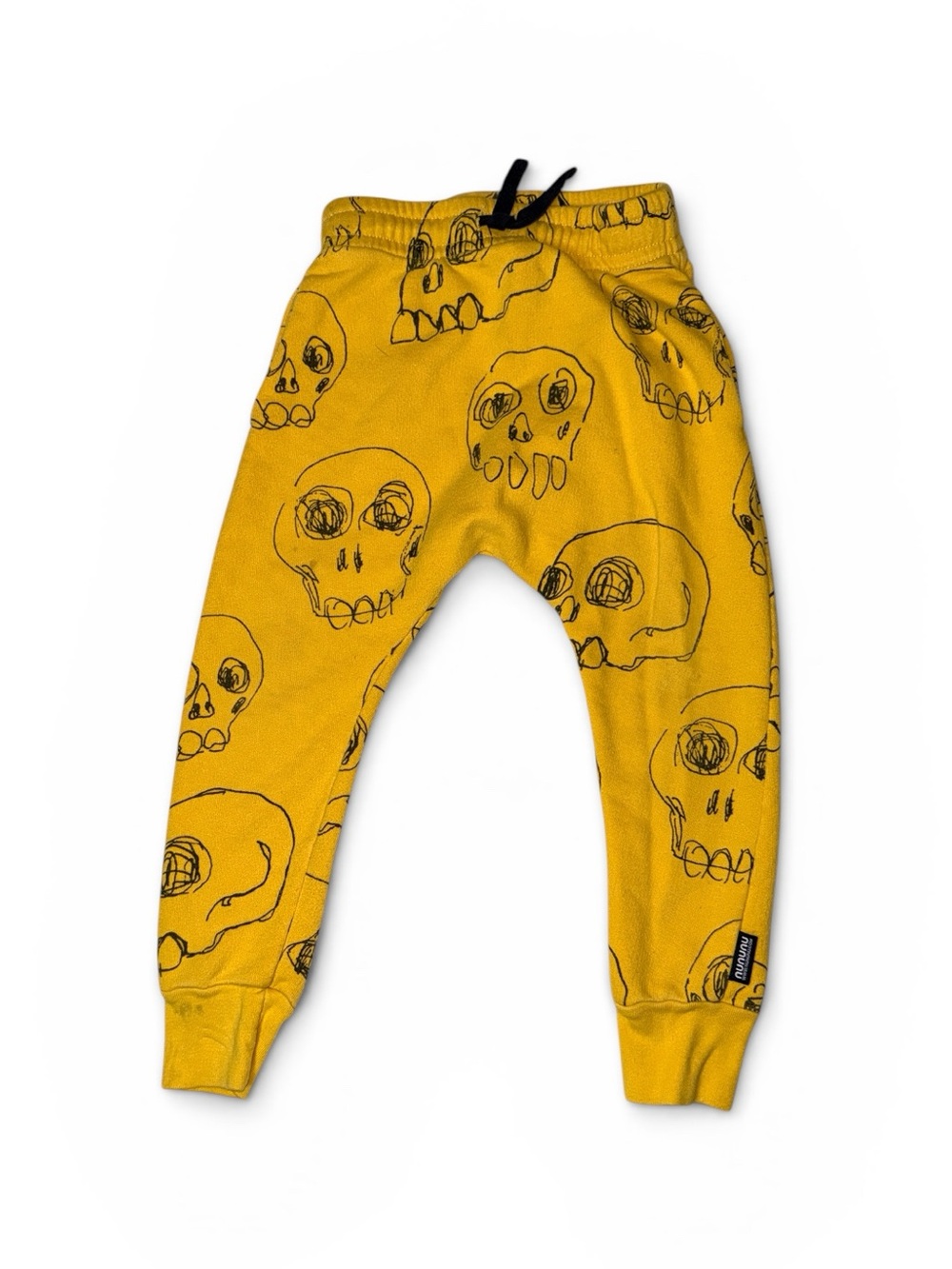 NUNUNU Scribble Skulls Yellow and Black Print baggy Drop Waist Pants - 3/4